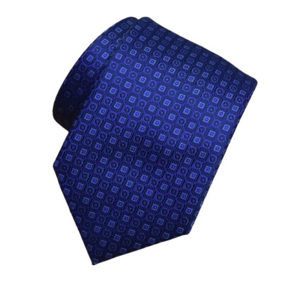 $490 New BRIONI Navy Blue Aqua Micro Squares Geometric Handmade Silk Neck Tie - Picture 5 of 16